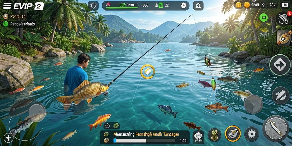 Screenshot gameplay EVIP2 menampilkan aktivitas memancing yang seru.