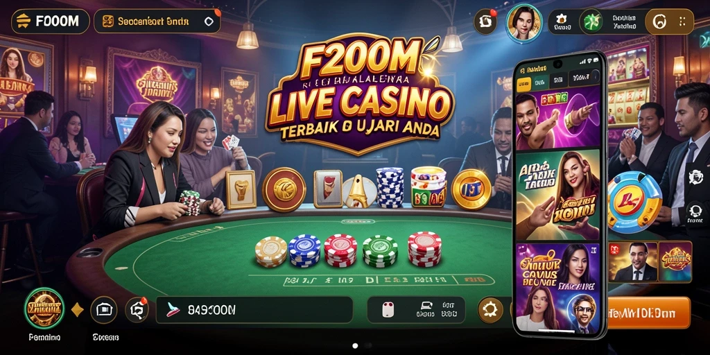 Screenshot F200M menampilkan dealer langsung dalam suasana kasino yang realistis.