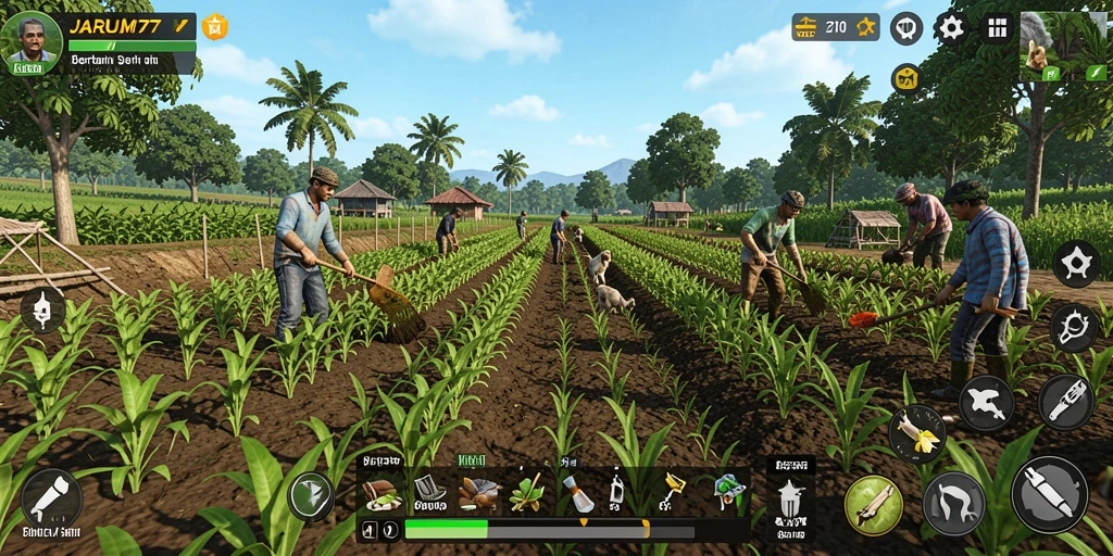 Gameplay JARUM77 menampilkan suasana pertanian yang hidup dan interaktif.