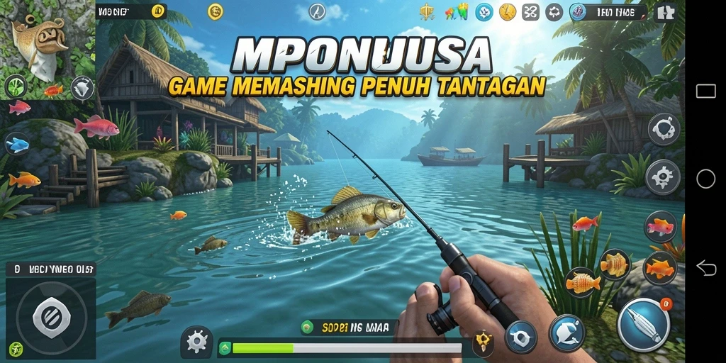 Screenshot gameplay <strong>MPONUSA</strong> menunjukkan keseruan memancing di lokasi indah.