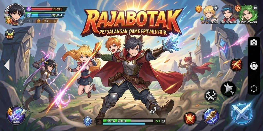 Screenshot gameplay RAJABOTAK menampilkan nuansa Anime yang kaya dan karakter yang dinamis.