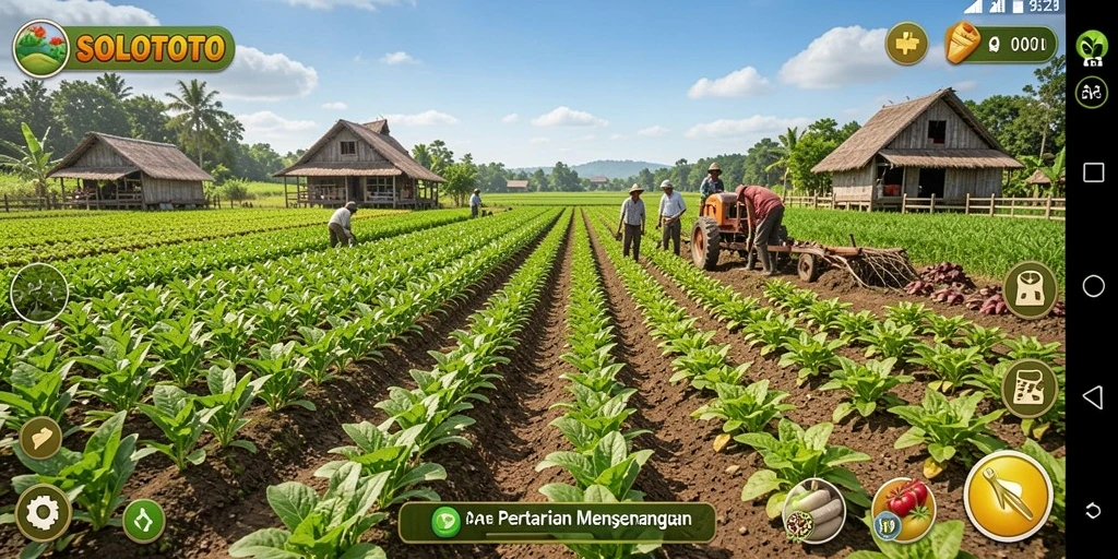 Screenshot permainan SOLOTOTO menampilkan gameplay pertanian yang seru.